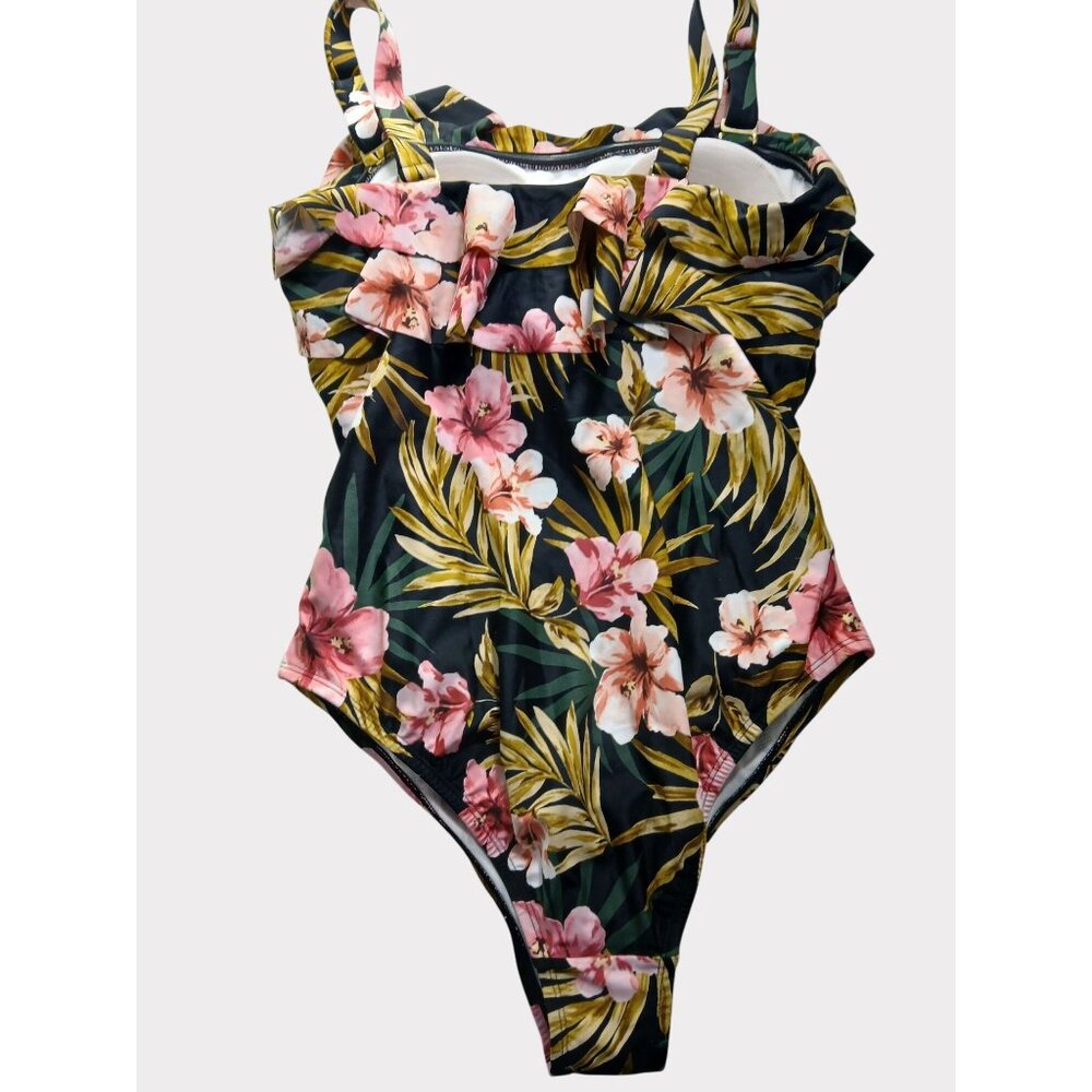Kona Sol 16W Black Green Pink Floral Ruffle Front One Piece Swimsuit 16W Plus - Picture 10 of 13